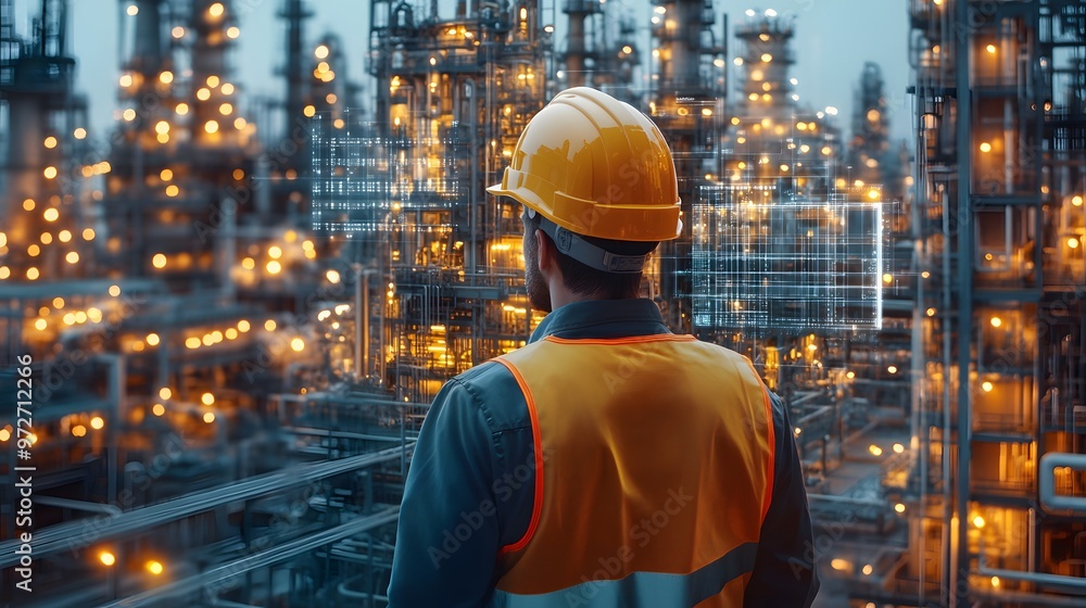 An engineer wearing a yellow hard hat and orange safety vest overlooking an oil refinery, enhanced by a futuristic holographic interface for a digital transformation perspective. An engineer wearing a yellow hard hat and orange safety vest overlooking an oil refinery, enhanced by a futuristic holographic interface for a digital transformation perspective.