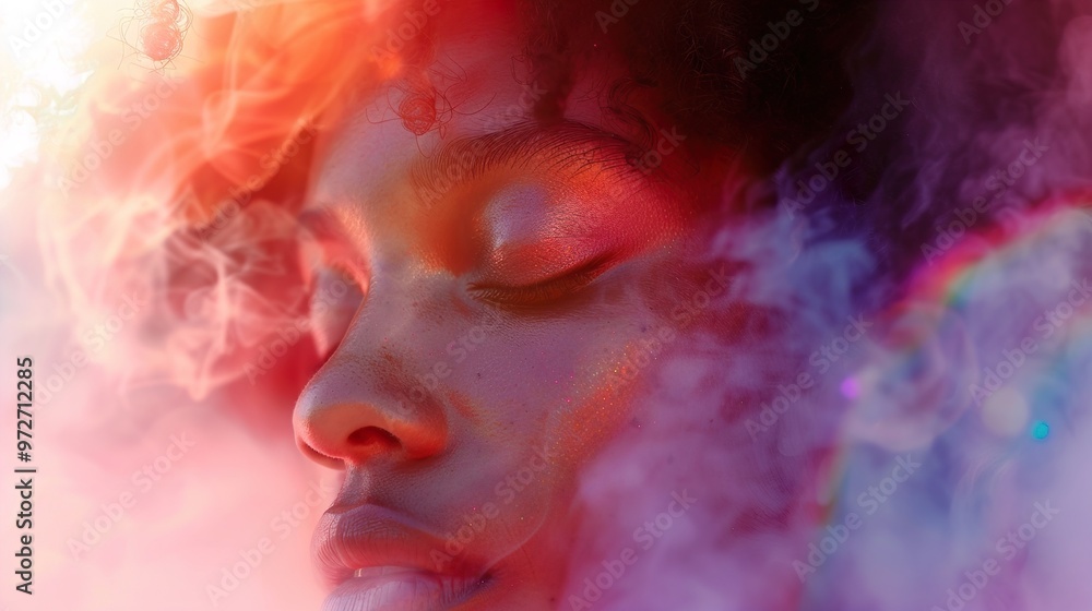 Dreamy Portrait of a Woman with Pink and Purple Smoke Dreamy Portrait of a Woman with Pink and Purple Smoke