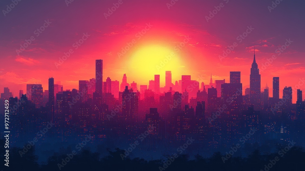 Vibrant city skyline at sunset with silhouettes of buildings. Vibrant city skyline at sunset with silhouettes of buildings.