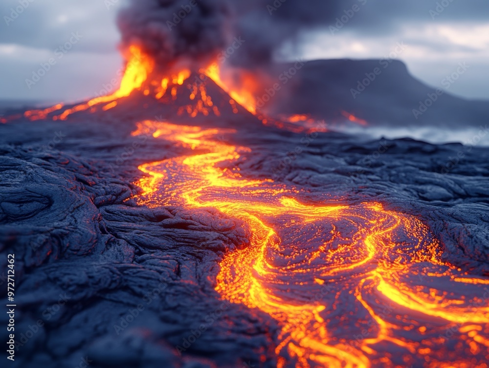 Lava flowing from an erupting volcano into the ocean, creating steam plumes along the coastline during twilight hours, showcasing the power of nature in a dramatic landscape Lava flowing from an erupting volcano into the ocean, creating steam plumes along the coastline during twilight hours, showcasing the power of nature in a dramatic landscape