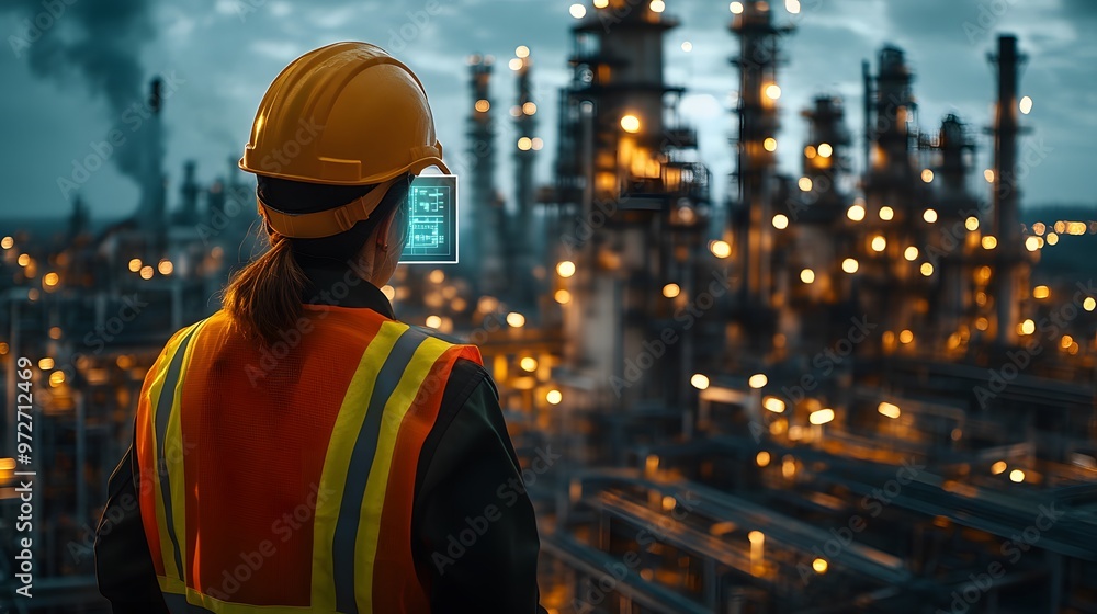 Obraz premium An engineer wearing a yellow hard hat and orange safety vest overlooking an oil refinery, enhanced by a futuristic holographic interface for a digital transformation perspective.