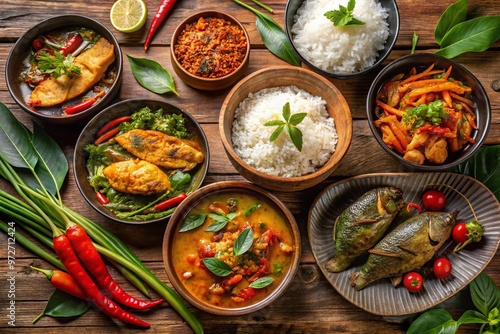 Vibrant arrangement of traditional Cambodian dishes, including spicy stir-fry, fragrant fish amok, and steaming bowls