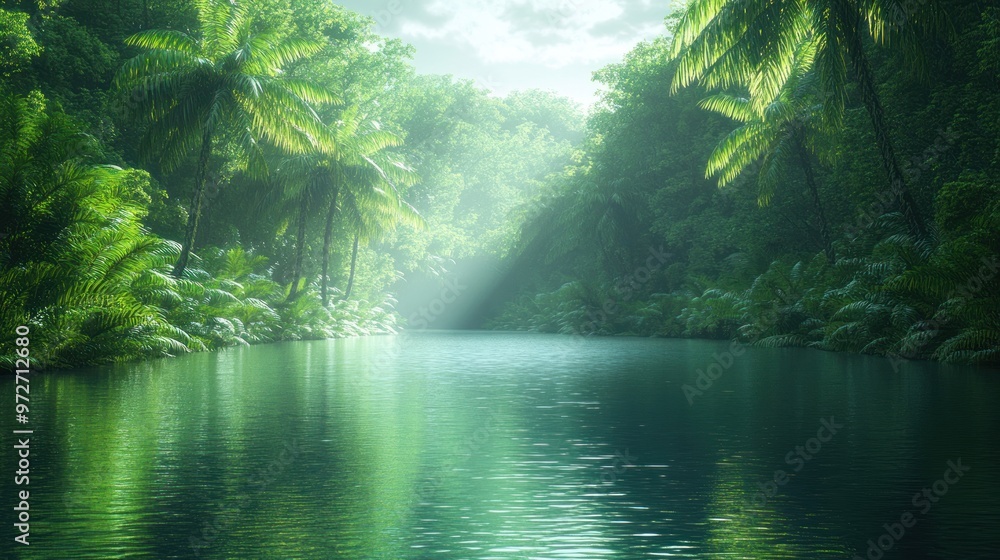 Fototapeta premium Serene river flowing through a lush, tropical rainforest.