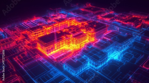 Heatmap of a large building's energy usage, with intense reds and oranges marking the most energy-intensive areas and cooler blues in less active sections. 4K hyperrealistic photo.