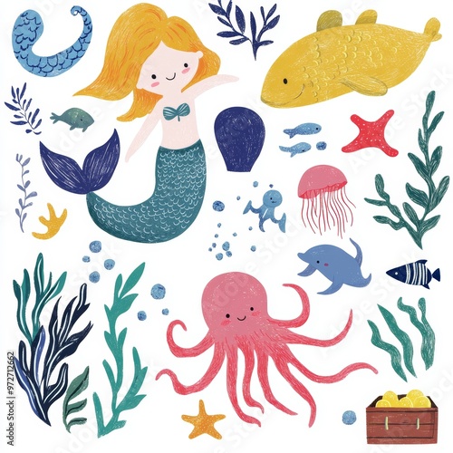 A modern illustration with mermaids and fishes swimming under the sea. Picture of mermaids and fishes together. Fish under water picture. photo