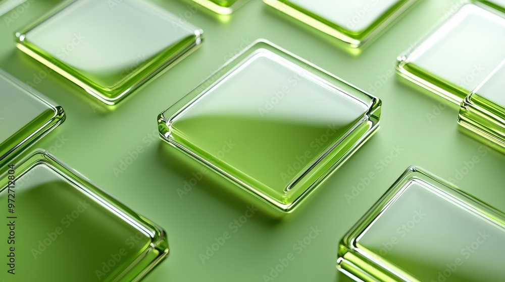 A collection of green glass squares arranged neatly on a soft green background. A collection of green glass squares arranged neatly on a soft green background.
