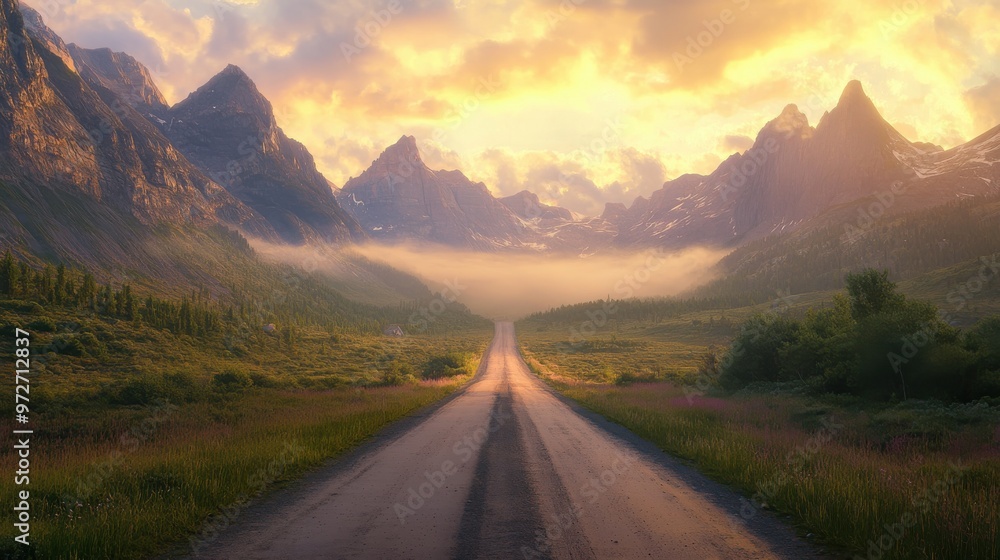 A breathtaking sunrise illuminates a winding road through majestic mountains and misty valleys in a serene landscape A breathtaking sunrise illuminates a winding road through majestic mountains and misty valleys in a serene landscape