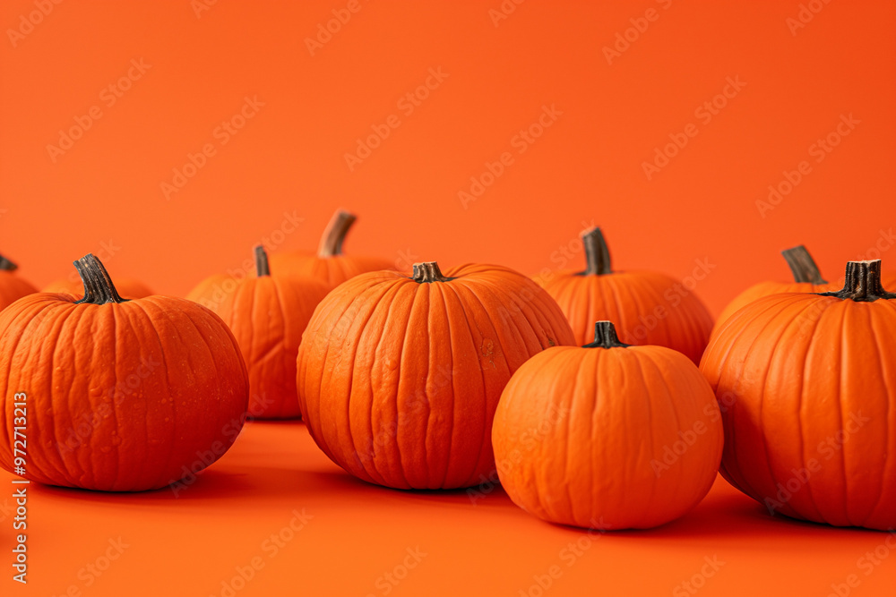 A minimalistic and striking scene of several Halloween orange pumpkins arranged on a vivid orange background A minimalistic and striking scene of several Halloween orange pumpkins arranged on a vivid orange background