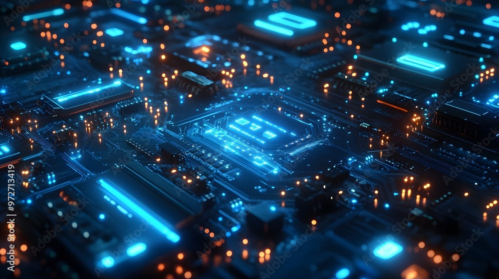 A futuristic circuit board glowing in neon blue, filled with intricate technology patterns and digital landscape elements, showcasing high-tech machinery in a cyberpunk aesthetic. A futuristic circuit board glowing in neon blue, filled with intricate technology patterns and digital landscape elements, showcasing high-tech machinery in a cyberpunk aesthetic.