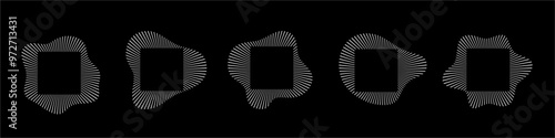 Circular sound waves. Abstract circular lines pattern. Music audio bursts. Ring of thin rays with wavy silhouette. Radial spectrum design. White geometric waveform vector set isolated on black.