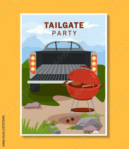Tailgate party poster. Black car near grill with meat and bacon. Holiday and vacation outdoors. Picnic with barbecue, BBQ. Flat vector llustration isolated on yellow background