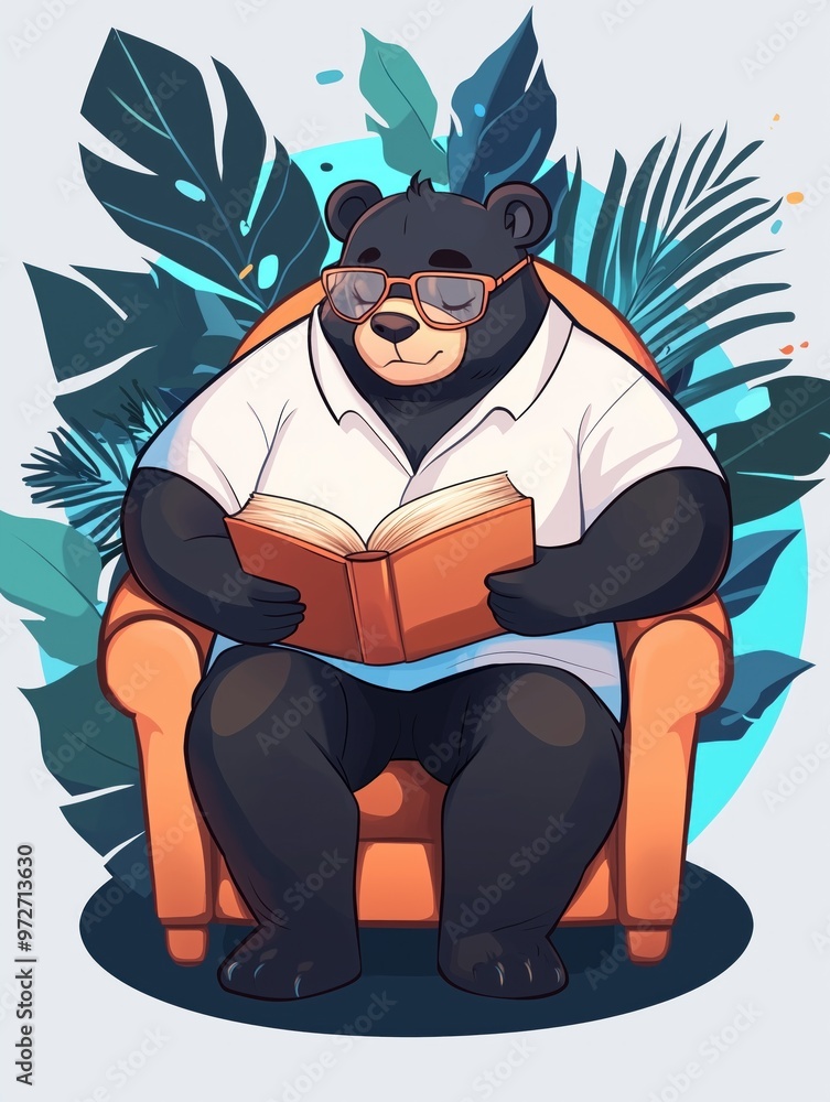 Cartoon bear wearing glasses and reading a book in an orange armchair, surrounded by tropical leaves. Cartoon bear wearing glasses and reading a book in an orange armchair, surrounded by tropical leaves.