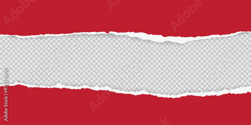 Torn red paper sheet with ripped edges on transparent background. Scrapbook edge, notebook tear, blank page split vector illustration. Damaged letter, document mockup, newspaper cutout.