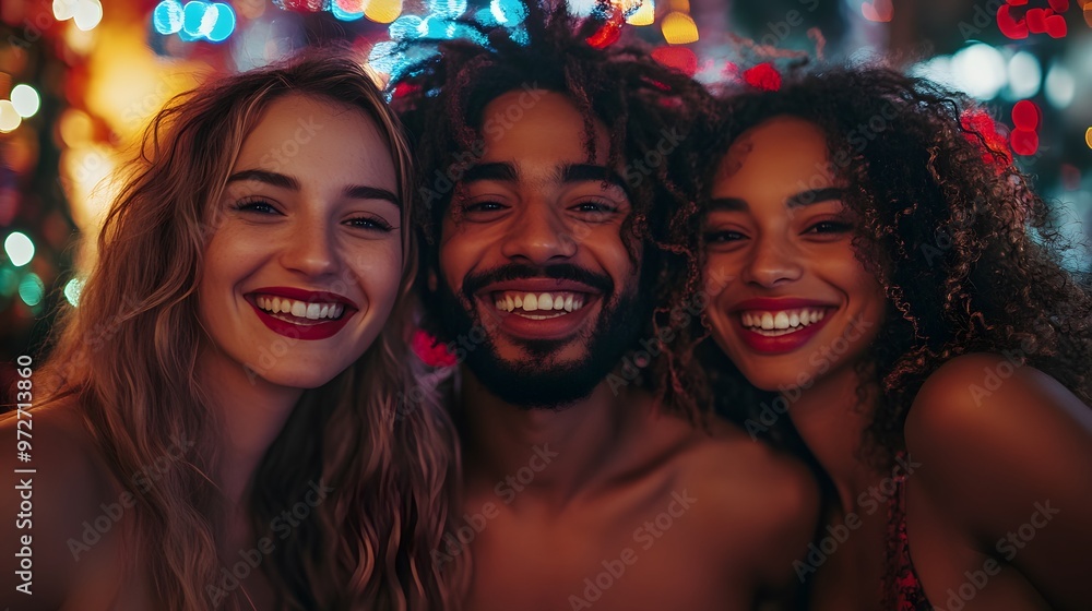 Group of diverse friends hugging and laughing at a festive Christmas party, vibrant decorations in the background.