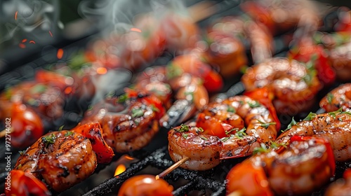 Delicious shrimp skewers are grilling on the barbecue alongside cherry tomatoes. Flames and smoke create a delectable sight, promising an appetizing meal.