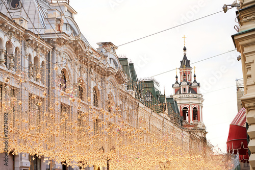 Canvas Print Illumination of Nikolskaya street in Moscow