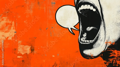 Composite collage image of screaming mouth speech bubble announce communication billboard comics zine minimal