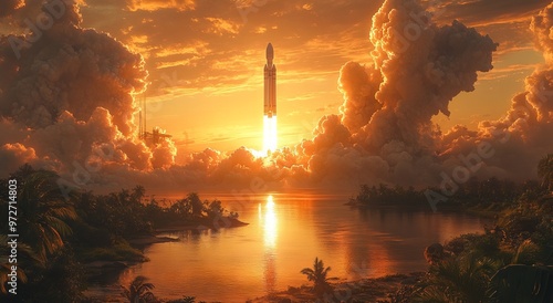 Epic Rocket Launch with Lush Greenery and Reflected Sunlight - AI generated illustration