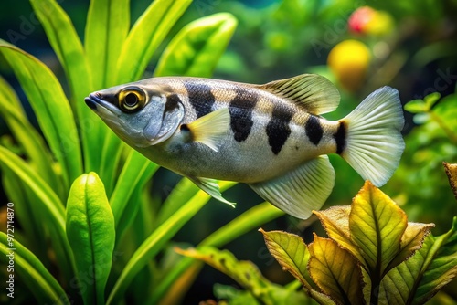 Vibrant banded archerfish swim amidst lush aquatic plants, its distinctive stripes and pointed snout showcased against