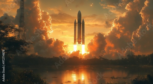 Epic Rocket Launch with Lush Greenery and Reflected Sunlight - AI generated illustration photo