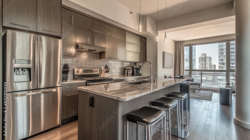Modern kitchen design in urban apartment showcasing sleek appliances and stylish countertops with city views during daylight Modern kitchen design in urban apartment showcasing sleek appliances and stylish countertops with city views during daylight