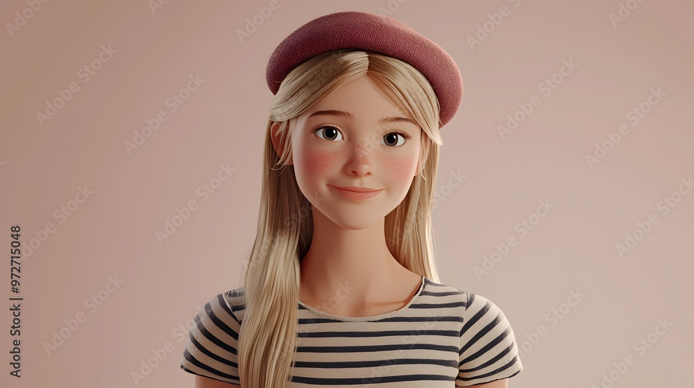 Smiling Girl in Pink Beret and Striped Shirt. Smiling Girl in Pink Beret and Striped Shirt.