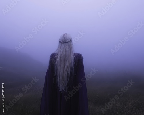 This picture shows a blonde girl running in a thick fog. She is wearing a long train dress with a raincoat and a frightened expression. The photo is taken from the back without a face. Fine art