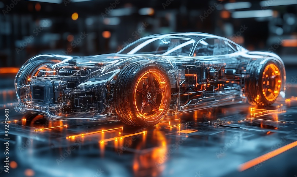 Futuristic Transparent Electric Car with Glowing Energy Flow - AI generated illustration Futuristic Transparent Electric Car with Glowing Energy Flow - AI generated illustration