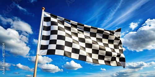 Vibrant black and white checkered flag waves triumphantly against a bright blue sky, symbolizing victory, success, and photo