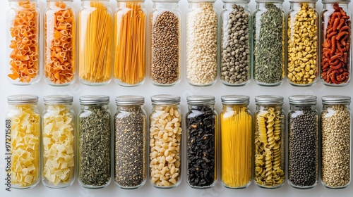 A minimalist layout of dry food products such as pasta, grains, and dried herbs, all in eco-friendly, transparent packaging, beautifully arranged in rows. photo