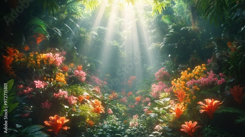 Lush tropical garden with vibrant flowers and sunlight beams.