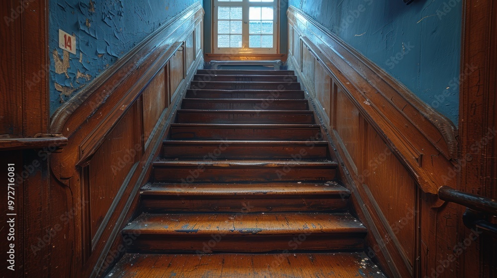 Obraz premium Mysterious staircase leading to an open window in an old building with peeling blue paint at dusk. Generative AI