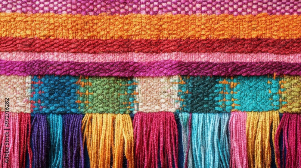 Obraz premium Colorful woven textile showcasing intricate patterns and vibrant fringes, emphasizing craftsmanship and culture from a local artisan market
