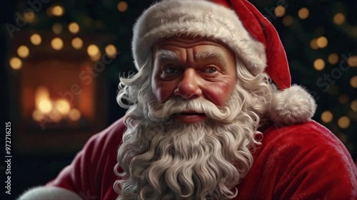 Portrait of Santa Claus with a red pointed hat and a white-gray beard. Generative AI Video
