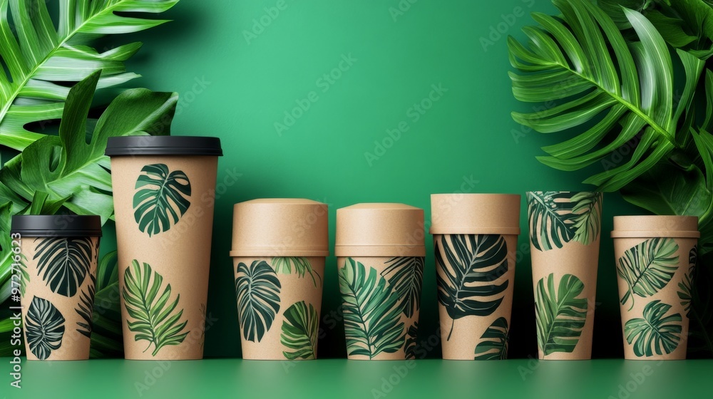 Fototapeta premium Tropical Leaves Coffee Cups.