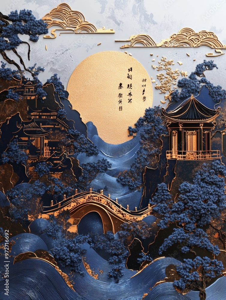 Obraz premium Enchanting Oriental Landscape with Pagodas and Serene River