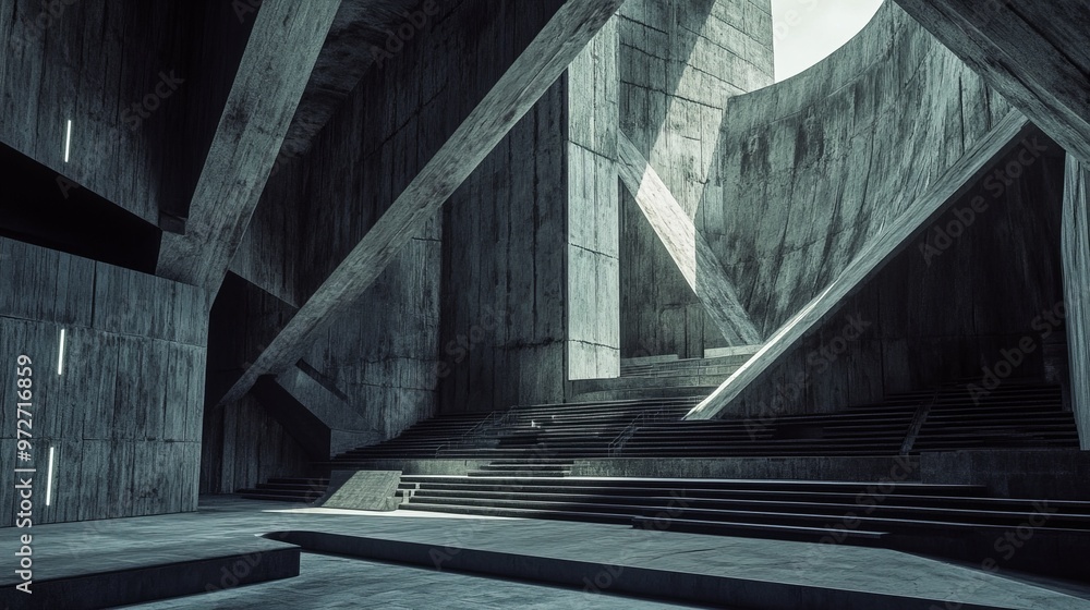 Brutalist concert hall with raw concrete surfaces, sharp, angular forms, and a cavernous, echoing interior. 4K hyperrealistic photo. Brutalist concert hall with raw concrete surfaces, sharp, angular forms, and a cavernous, echoing interior. 4K hyperrealistic photo.