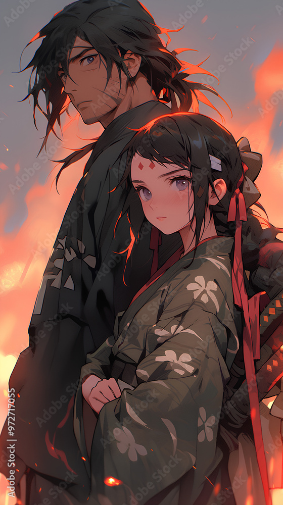 Anime boy and girl in samurai uniform style in Vertical background Anime boy and girl in samurai uniform style in Vertical background