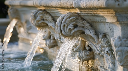 Decorative stone fountain featuring flowing water in a sunlit outdoor garden setting