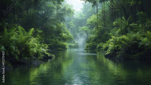 Lush green jungle with a serene river reflecting the vibrant foliage.