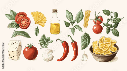 Italian food set, ingredients. Hand drawn illustration set of traditional products: olive oil, tomatoes, mozzarella, pizza, cheese, pasta, peppers. Rustic retro vector food set