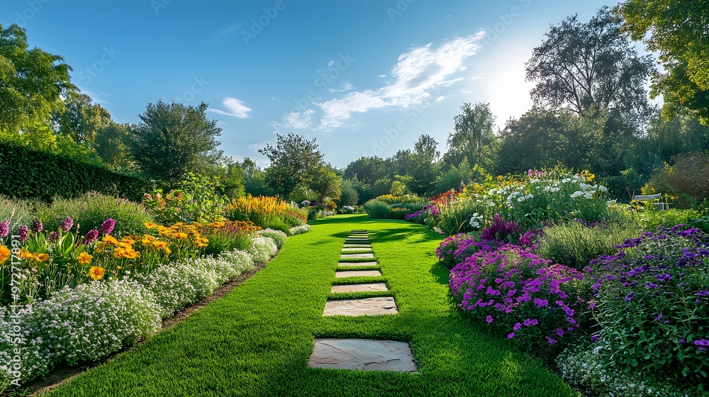 A lush green lawn with diverse garden plants and colorful flowers, set against a sunny day with a blue sky, highlighting the beauty of natural landscape design in outdoor photography. A lush green lawn with diverse garden plants and colorful flowers, set against a sunny day with a blue sky, highlighting the beauty of natural landscape design in outdoor photography.