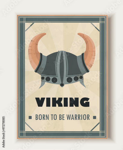 Ancient viking poster. Nordic or scandinavian helmet with horns. Culture, history and mythology. Barbarian and knight. Ancient celtic armor. Flat vector illustration isolated on white background