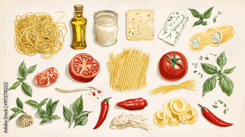 Italian food set, ingredients. Hand drawn illustration set of traditional products: olive oil, tomatoes, mozzarella, pizza, cheese, pasta, peppers. Rustic retro vector food set