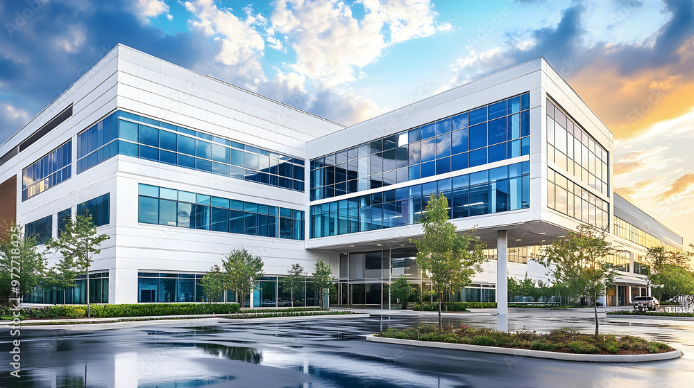 A modern hospital building with a sleek white and blue facade, featuring large, expansive windows that reflect the sky. The surrounding area is adorned with pristine landscaping, enhancing A modern hospital building with a sleek white and blue facade, featuring large, expansive windows that reflect the sky. The surrounding area is adorned with pristine landscaping, enhancing