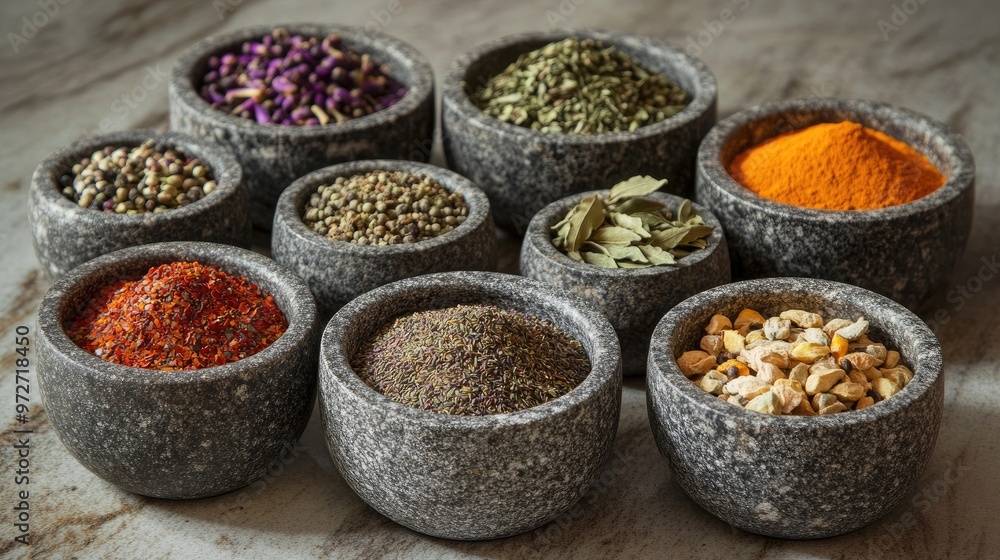 A collection of stone bowls filled with exotic spices, highlighting the beauty and diversity of world cuisine A collection of stone bowls filled with exotic spices, highlighting the beauty and diversity of world cuisine