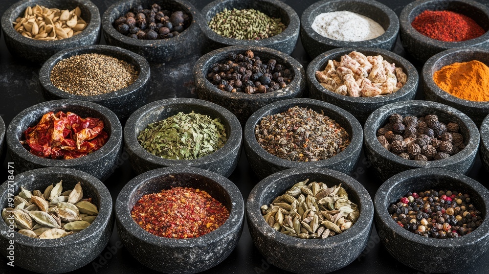 A collection of stone bowls filled with exotic spices, highlighting the beauty and diversity of world cuisine A collection of stone bowls filled with exotic spices, highlighting the beauty and diversity of world cuisine