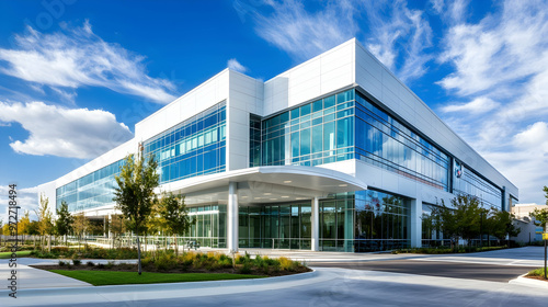 A spacious, modern hospital with a sleek white and blue facade, featuring large windows that mirror the sky and well-kept surroundings.
