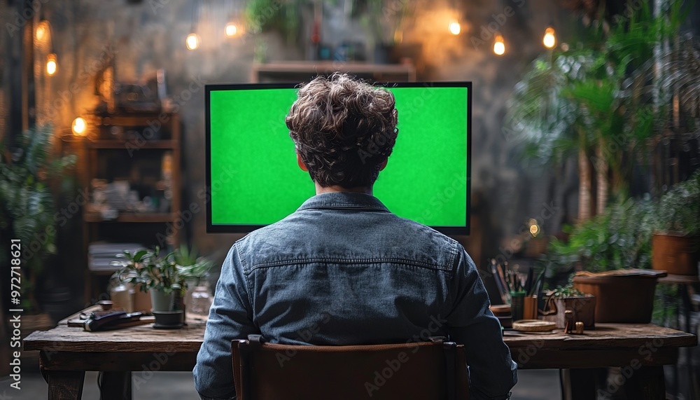 Young Indian Man at Desk with Green Screen Monitor in Office - AI generated illustration Young Indian Man at Desk with Green Screen Monitor in Office - AI generated illustration