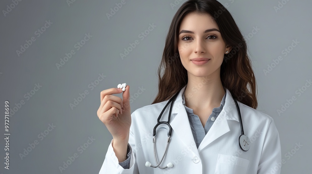 Photo of confident doc qualified specialist intern wear white doctor robe hold pills look empty space isolated on grey color background